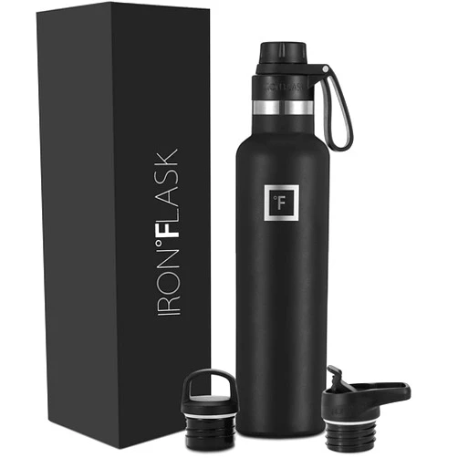 IRON °FLASK Sports Water Bottle - 3 Lids (Narrow Spout Lid) Leak Proof Vacuum Insulated Stainless Steel - Hot & Cold Double Walled Insulated Thermos, Durable Metal Canteen - Midnight Black, 24 Oz