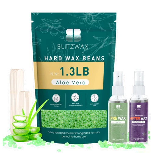 BLITZWAX 1.3lb Wax Beads for Hair Removal Aloe Vera Hard Wax for Sensitive Skin, with 30 Wooden Sticks, 2 Pre&Post Oils for Body, Bikini, Legs and Brazilian Waxing, Perfect for Women Men at Home Salon