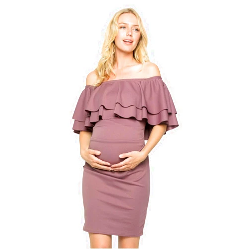 My Bump Double Layer Ruffle Maternity Dress-Fitted Off-Shoulder Baby Shower Pregnancy