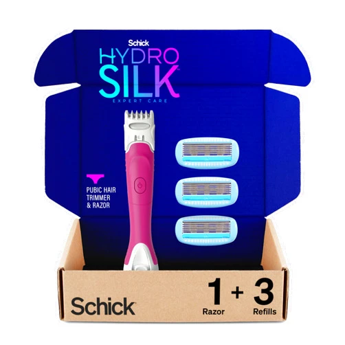 Schick Hydro Silk TrimStyle Razor for Women with Bikini Trimmer | 5-Blade Womens Razor with Trimmer, 2-in-1 Waterproof Pubic Hair Trimmer & Razor | 1 Handle & 3 Razor Blade Refills
