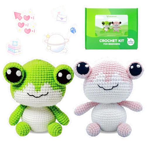LOLCROCHET Couple Frogs Crochet Kit for Beginners, 2 Pcs Animals Amigurumi Starter Kit w Step-by-Step Video Tutorial, Easy Knitting Set for Kids Adults Crocheting Doll Xmas Gift