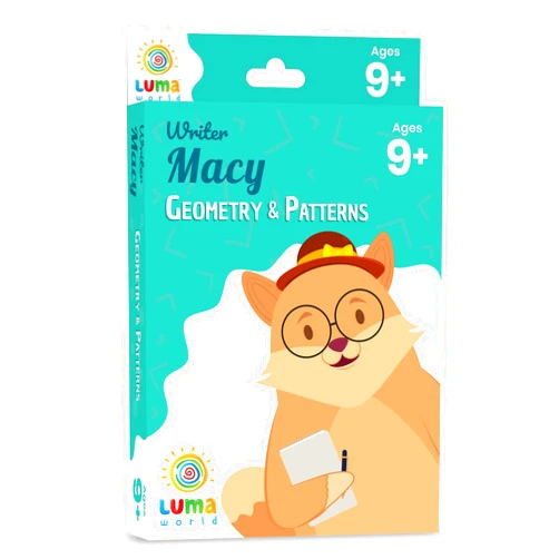 LUMA WORLD ADD LIFE TO LEARNING Luma World Writer Macy Educational Game-Based Math Flash Cards with a Fun Magic Glass to View Hidden Answers for Ages 9+ Years to Learn Grade 4 Geometry, Shapes and Patterns, Set of 50 Cards