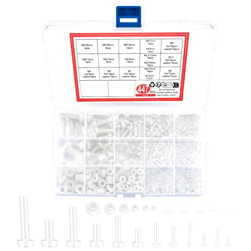 Bnnrjia 447 Pcs White Nylon Plastic Pan Round Head Screws Bolts and Nuts and Gaskets, Metric Full Threaded Hex Head Screws Bolts and Nuts and Washers Assortment Set - M2/M2.5/M3/M4/M5/M6