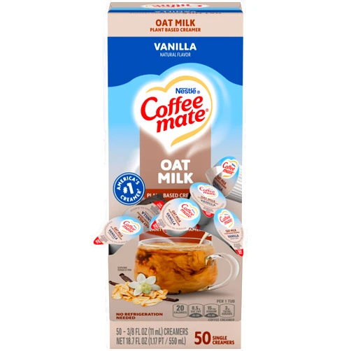 Nestle Coffee mate Plant Based Liquid Coffee Creamer Singles, Vanilla Flavored Oat Milk, 50 Ct Box with Coffee Scoop