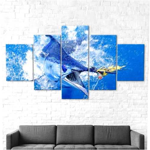 JIANGE Prints On Canvas Artwork Abstract 5 Canvas Wall Art Big Blue Marlin Jumping Fish Painting Picture Modular Wallpapers Modern Living Room Home Decor Mural Hd Print Poster