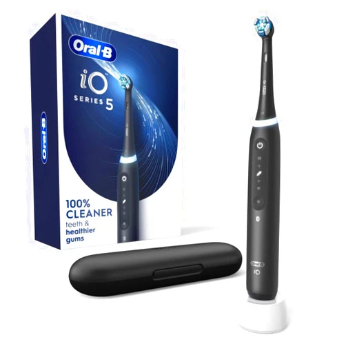 Oral-B iO Series 5 Rechargeable Electric Toothbrush with Visible Pressure Sensor to Protect Gums, 2 Minute Timer, 5 Cleaning Settings, 1 Replacement Toothbrush Heads, and Travel Case, Black