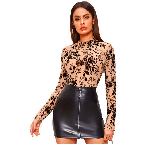 SweatyRocks Women's Long Sleeeve Mesh Shirt Floral Sheer See Through Top Blouse