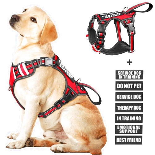 WINSEE Service Dog Vest No Pull Pet Harness with 7 Dog Patches, Reflective with Durable Soft Padded Handle for Training Small, Medium, Large, and Extra-Large Dogs (Large, Red)
