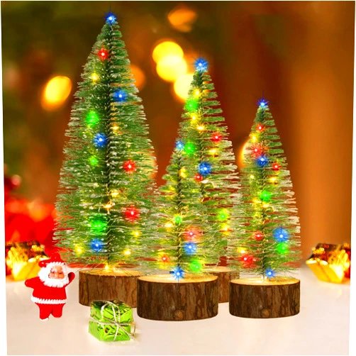 CCILAND 4 Pcs Mini Christmas Trees, 4 Sizes Artificial Christmas Bottle Brush Trees with String Lights Button Cell Battery Powered Tabletop Tree Decoration (Multicolor)