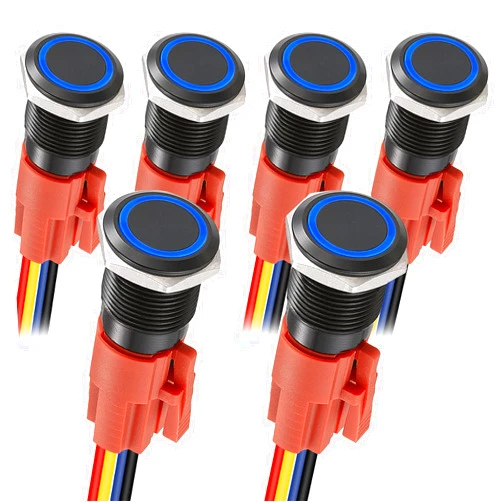 APIELE Latching Push Button Switch 16mm 0.63'' 12V- 24V DC LED SPDT 1NO1NC Aluminium Alloy Metal Push Button Switch with Pigtail 6PCS (Black Shell-Blue, 16MM)
