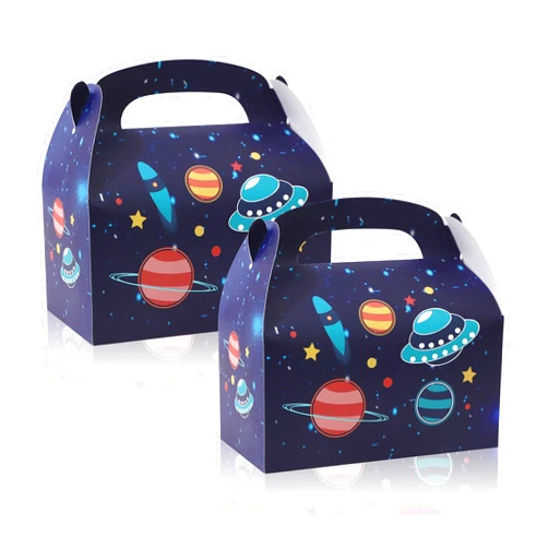 HUHJRUAR Outer Space Planets Theme Party Favor Gable Box - Astronaut Rocket Treat Box, Space shuttle Party Decorations, First Trip Around the Sun Party Goody Bag