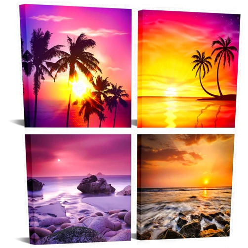 VANSEEING 4 Pieces Beach Canvas Wall Art Landscape Art - Sea Sunrise Palm Tree Landscape Painting Prints on Canvas for Modern Home Living Room Bathroom Wall Decor 12
