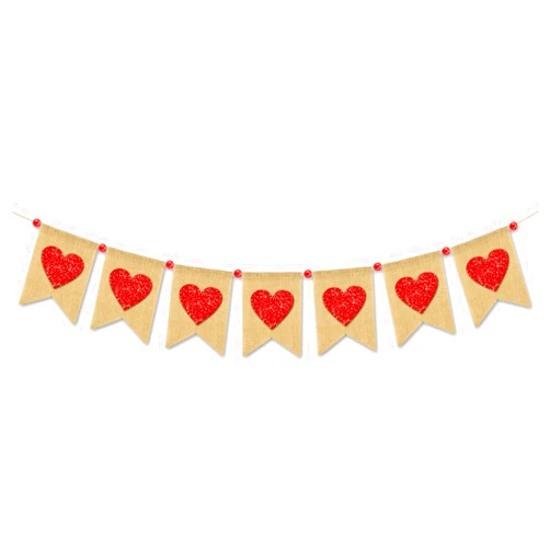 Whaline Valentine's Day Burlap Banner Glitter Red Heart Banner with Wooden Beads Pre-Assembled Red Heart Bunting Garland for Home Party Decoration