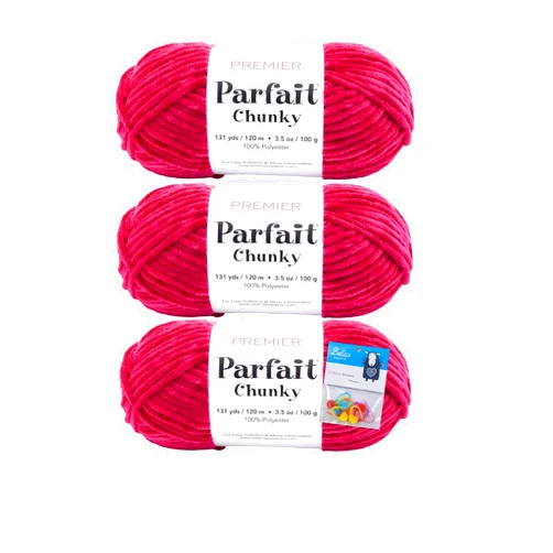 Bella's Crafts Premier Yarns Parfait Chunky - 3.5 Oz - #6 Super Bulky Weight - 3 Pack Bundle with 10 Bella's Crafts Stitch Markers (Very Berry)
