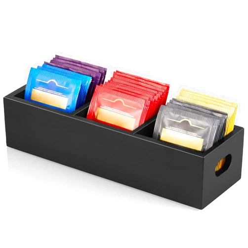 DRASTAR Tea Bag Organizer, Black Wooden Tea Bag Holder, Tea Storage Containers with 3 Slots, Sugar Packet Holder, Tea Bag Caddy Box for Countertop