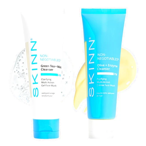 SKINN Day & Night Face Wash for Women & Men - Refreshing Green Tea & Mint Infusion, Nourishing Olive & Enzyme Formula - Complete AM/PM Cleanser Set for Hydrated