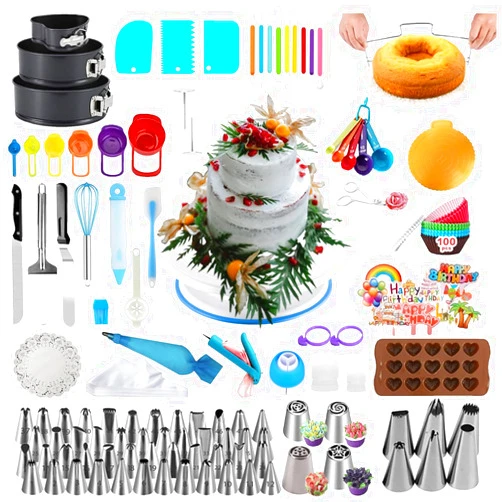 YIN AISIKE 390PCS Cake Decorating Supplies Kit, Baking Tools Set for Cakes – 3 Packs Springform Cake Pans Cake Rotating Turntable 48 Numbered Piping Icing Tips 4 Russian Nozzles 9 Fondant Tools for Beginners