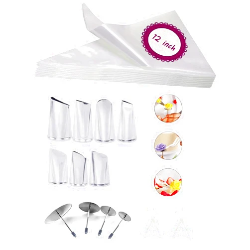 MuYwa Icing Flower Making Tools Kit,7 Flower Piping Tips Set with 20 Disposable Frosting Bags, 4 Cake Flower Nails, 2 Nail Lifters for Beginners Professionals & Baking Enthusiasts