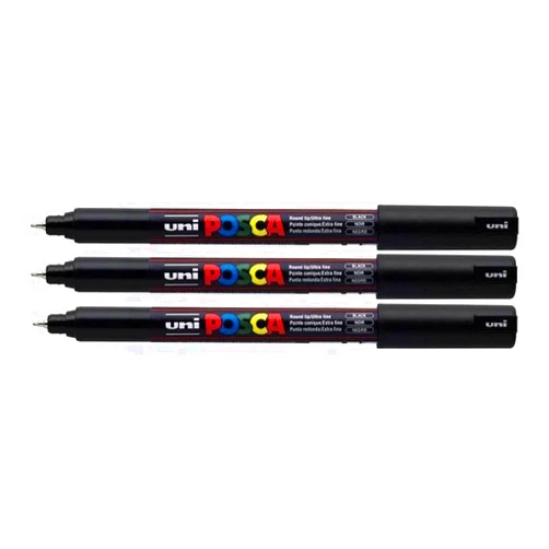 Posca Uni Pc-1Mr Black Colour Paint Marker Pens Ultra Fine 0.7Mm Calibre Tip Nib Writes On Any Surface Glass Metal Wood Plastic Fabric (Pack Of 3)