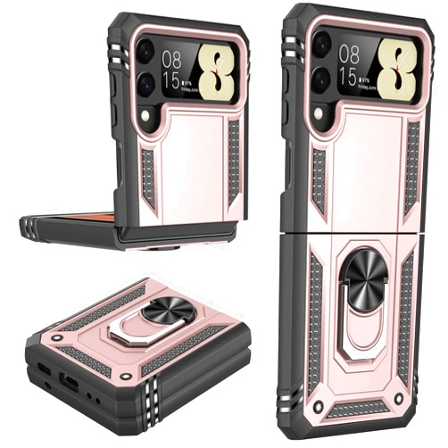 IKAZZ for Galaxy Z Flip 4 Case,Military Grade Shockproof Heavy Duty Protective Phone Case Pass 16ft Drop Test with Magnetic Kickstand Holder for Samsung Galaxy Z Flip 4 Rose Gold