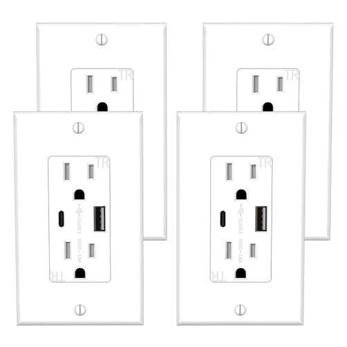 TAKETEK USB Outlet, USB C Outlets Receptacles, Electrical Outlet with USB, 15A Tamper-Resistant Receptacle, Charging for iPhone, Samsung, Google, LG, HTC, Android Devices, UL Listed, White,4 Pack