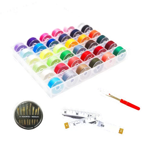 HimaPro 36 PCs Assorted Color Bobbins with Storage case Compatible for Brother, Babylock, Janome and Singer etc (SA156)- 40 Weight-Comes with Soft Tape Measures, Assorted Needles, and Seam Rippers