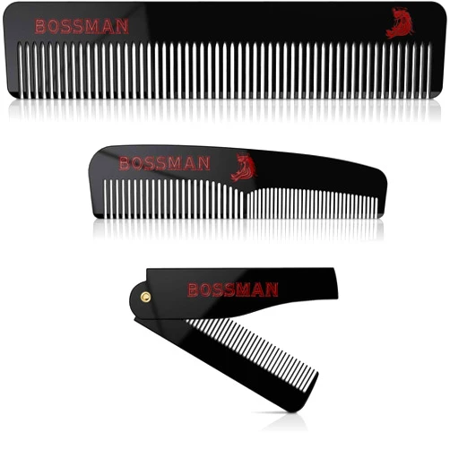 Bossman Acetate Beard, Hair & Mustache Combs for Men - Men's Beard, Mustach and Hair Combs with Small Folding Pocket Comb (Set of 3)