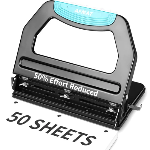 AFMAT Heavy Duty 3 Hole Punch, 50-Sheet 2 Hole Punch, 50% Reduced Effort 3-Hole Puncher, Adjustable Three Hole Punch 2 Hole Paper Punch, Metal Paper Puncher w/Large Chip Tray, Metal Paper Guide