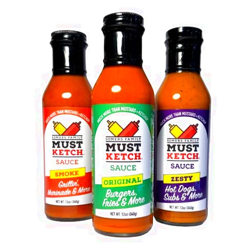 Somers Family Must Ketch NEW! 12 Ounce Somers Family MustKetch – Original, Smoke, Zesty Flavor Options - A new twist on Mustard and Ketchup! All-Natural, Non-GMO Ingredients – No Artificial Flavors or Colors – No High-Fructose Corn Syrup – Gluten-Free