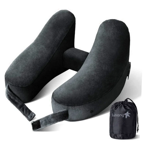 Sunany Neck Pillow for Travel Inflatable Airplane Pillow Comfortably Supports Head, Neck and Chin, Inflatable Travel Pillow with Soft Velour Cover and Portable Drawstring Bag (Black)