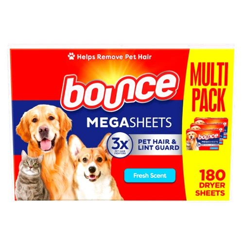 Bounce Pet Hair and Lint Guard Mega Fabric Softener Dryer Sheets with 3X Pet Hair Fighters, Fresh Scent, 180 Count, Bounce Dryer Sheets, Laundry Sheets, Mega Sheet