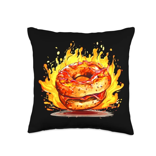 Funny burning Bagel with Flames Pretty Burning Bagel with Flames, Cheese and Bacon Throw Pillow, 16x16, Multicolor