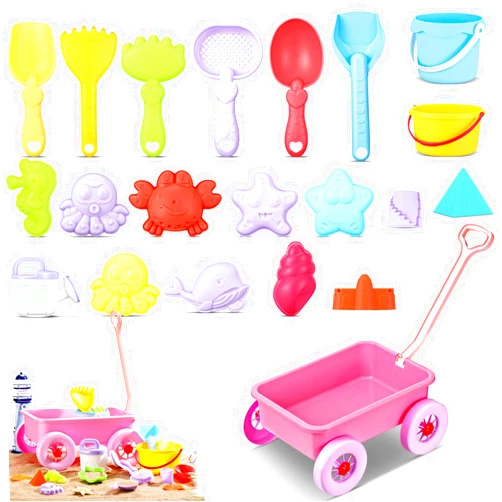 Foilswirl Beach Toys Wagon Set 21 Sand Toys Bucket Watering Can Shovels Rakes and Molds Sand Toys, Plastic Water Wheel Beach Tool Kit Outdoor Beach Garden Toys Tool for Kids Toddlers Boys and Girls