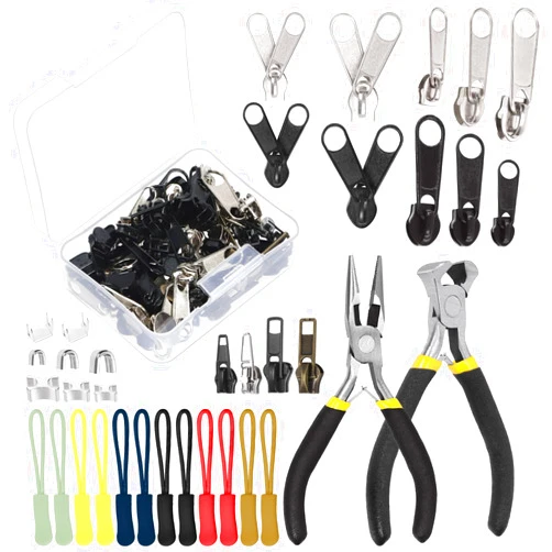 Swpeet 144Pcs Zipper Repair Kit with Zipper Install Plier and Needle Nose Pliers Assortment Kit, Zipper Pulls, Zipper Replacement Installation Tools for Bags Tents Luggage Sleeping Bag Jacket
