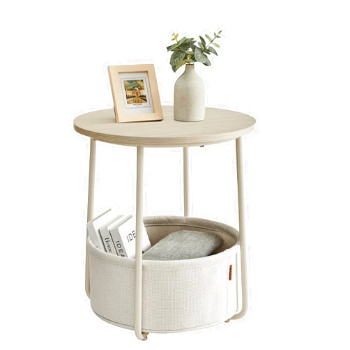 VASAGLE LILEA Collection - Small Round Side End Table, Modern Nightstand with Fabric Basket, Cream White ULET223K67