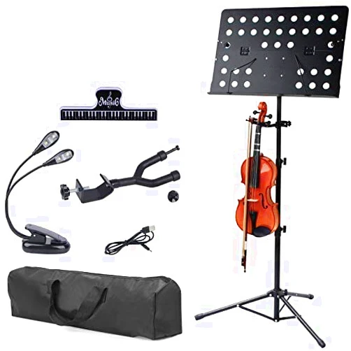 Klvied Sheet Music Stand with Violin Hanger, Folding Music Stand, Portable Fortable Music stand for Sheet Music, Violin Music Stand with Travel Case, Light, Black
