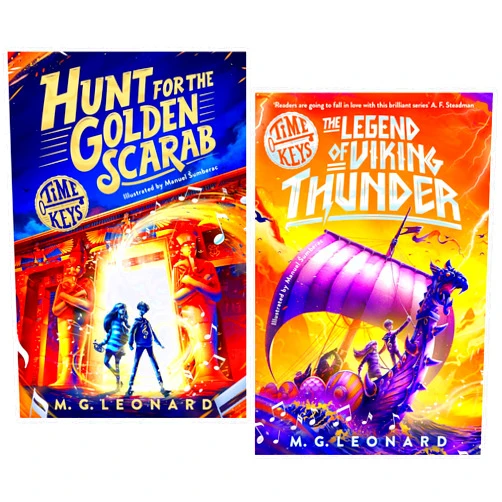 M. G. Leonard Time Keys Series by M. G. Leonard Illustrated 2 Books Collection Set (Hunt for the Golden Scarab & The Legend of Viking Thunder)