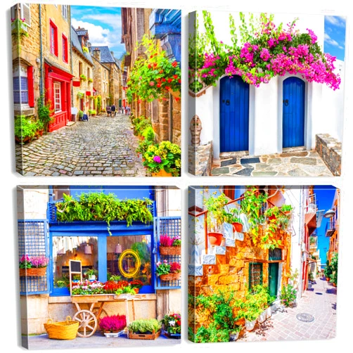 AIYISU Italy Wall Art Tuscan Decor Colorful Mediterranean Street Scenic Pictures Modern Nature Flowers Town Canvas Prints European Street Pictures for Living Room Bedroom Home Decorations 16x16 4Pcs