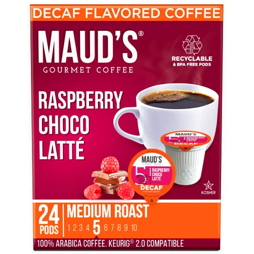 Maud's Decaf Raspberry Chocolate Coffee Pods, 24 ct | Decaffeinated Raspberry Choco Latte | 100% Arabica Medium Roast Coffee | Solar Energy Produced Recyclable Pods Compatible with Keurig K Cups Maker