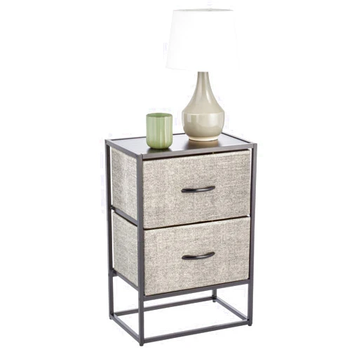 mDesign Modern 2-Drawer End Table/Night Stand Storage Unit, Sturdy Steel Frame, Wood Top, Easy-Pull Wood Handle/Fabric Bins, Organizer for Bedroom, Hallway, Entryway, Margot Collection, Black/Dk Gray