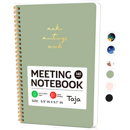 Taja Meeting Notebook for Work Organization - Work notebook with action items, Meeting Minutes Planner Notebook, Perfect Office Supplies for Men & Women - Green