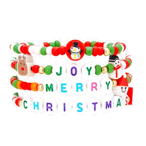 Seraphina 4PCS Christmas Clay Beaded Bracelets - Stackable Stretch Bracelets with Joy Merry Christmas Letter Beads & Snowman/Reindeer Charms - Christmas Jewelry Gift Set