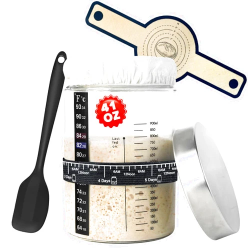 TMEDW Sourdough Starter Kit, Sourdough Bread Baking Supplies, 41 OZ Large Capacity Sourdough Starter Jar with Feeding Tracker, Thermometer, Silicone Spatula, Silicone Bread Sling & More
