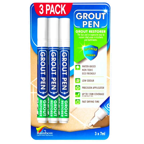 Rainbow Chalk Markers Limited Grout Pen White Tile Grout Paint: Waterproof Grout Paint Pen, Whitener and Grout Sealer Marker for Cleaner Looking Grout Lines - White, Narrow 5mm Tip (7mL) - 3 Pack