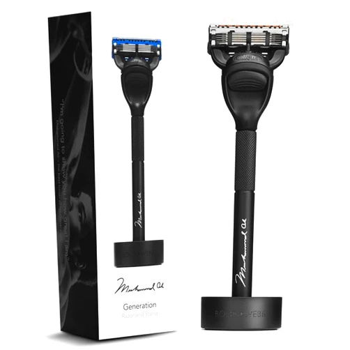 Bolin Webb Generation Razor and Stand in Blue. Fitted with Gillette Fusion5 Blade. Luxury Razor for Men. (Black-Ali)