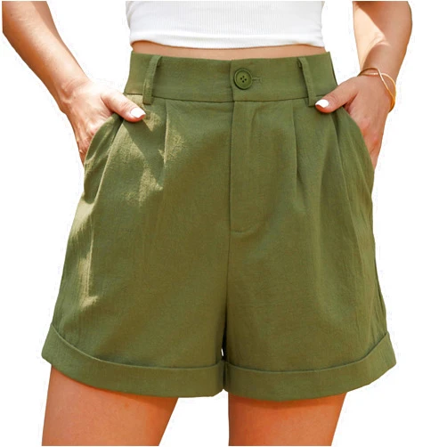 Jouica Womens Summer High Waist Linen Shorts Roll Up Pleated Zippered Wrap Hem Wide Leg Shorts with Pockets
