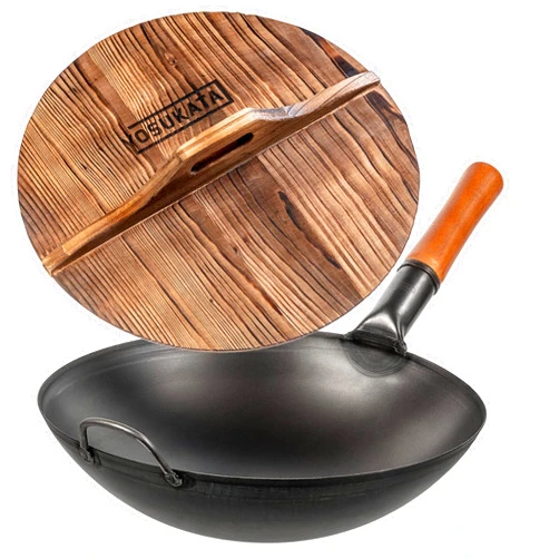 YOSUKATA Carbon Steel Wok Pan 14 Cast Iron Wok Cover - Premium Wok Cover 14 inch Pan Lid - Wooden Wok Lid 14 in with Ergonomic Handle - Woks and Stir Fry Pans