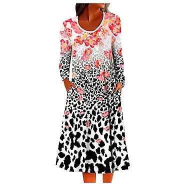 HNCS Mini Dress for Women,Women's Fall Dress Crew Neck Sundress Long Sleeve Bohemian Dress Floral Butterfly Leopard Beach Dress 01-white X-Large