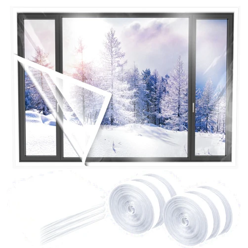 Beeveer 3 Set 75 x 79 Inch Window Insulation Kit Winter Window Plastic for Winterizing Home Cuttable Transparent Film with Adhesive Straps Reusable Thicken Thermal Waterproof Attic Cover Warm