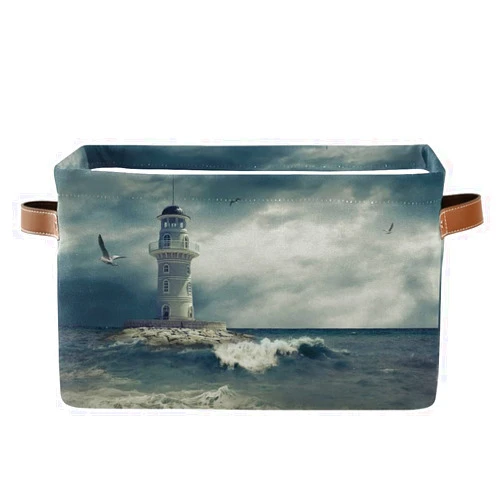 AUUXVA Ocean Sea Lighthouse Bird Storage Bins Basket, Beach Nautical Collapsible Storage Cube Rectangle Storage Box with Handles for Shelf Closet Nursery Bedroom Home Office 1 Pack